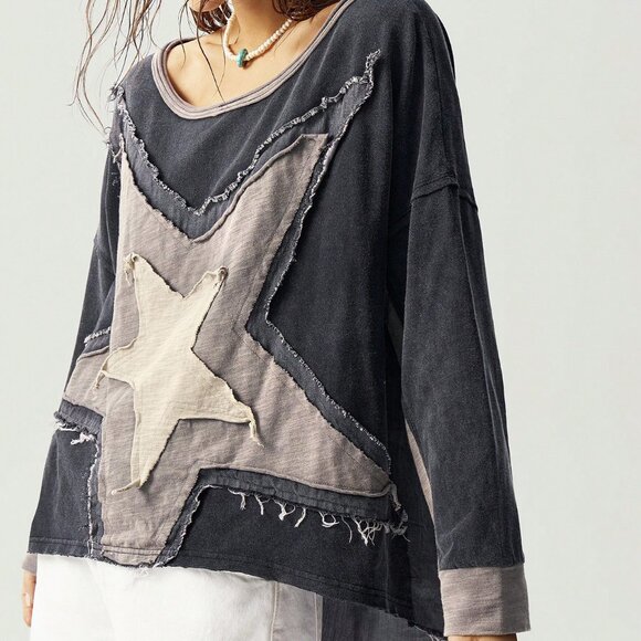 Boho Casual Women's Asymmetric Hemline & Patchwork detail Boho Loose Fit Shirt - Picture 5 of 7